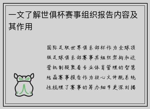 一文了解世俱杯赛事组织报告内容及其作用